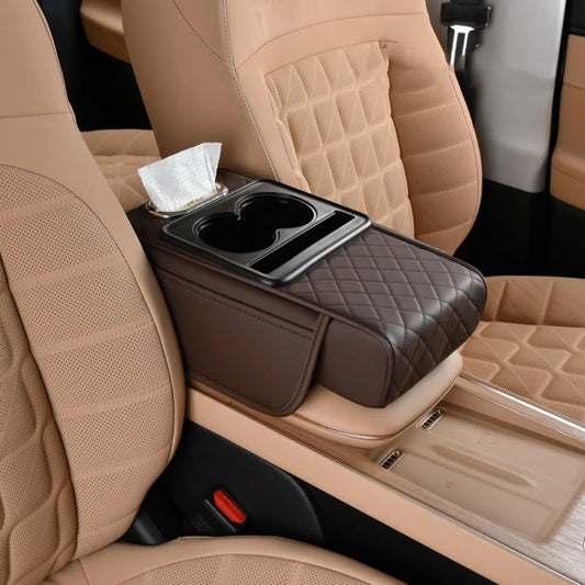 Auto Center Console Armrest Cushion with 2 Cup Holder PU Leather Armrest Pad Portable Car Amrest Pillow Cover Height Pad